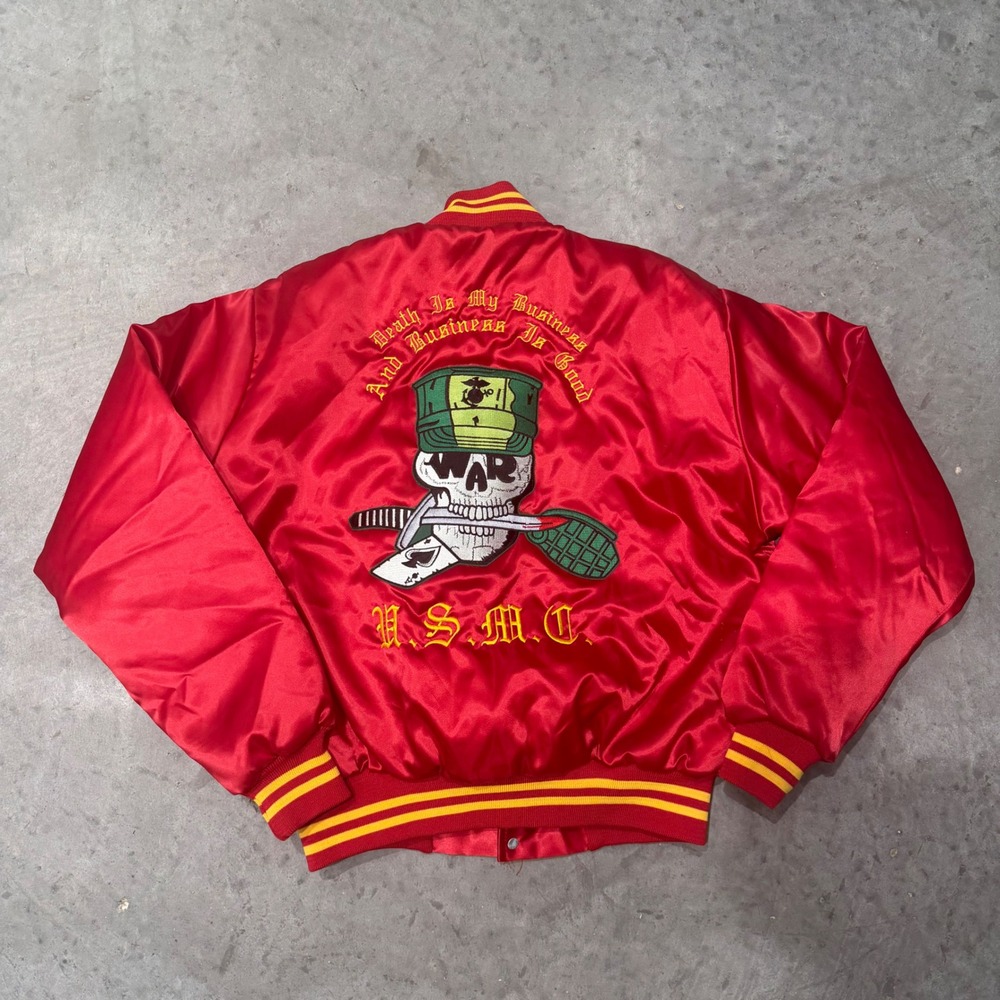 Vintage 80s Souvenir USMC Satin Bomber Jacket Red US Marines Skull L Made in USA